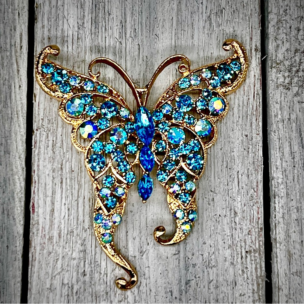 265. Gorgeous Teal Blue and Blue Aurora Borealis Rhinestone Butterfly Brooch